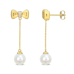 Eternally Bonded 7.0-7.5mm Cultured Freshwater Pearl and Diamond Accent Bow Stud Chain Drop Earrings in 10K Gold