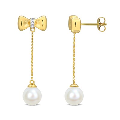 Eternally Bonded 7.0-7.5mm Freshwater Cultured Pearl and Diamond Accent Bow Stud Chain Drop Earrings in 10K Gold