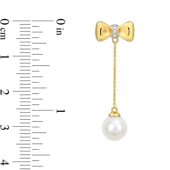 Eternally Bonded 7.0-7.5mm Freshwater Cultured Pearl and Diamond Accent Bow Stud Chain Drop Earrings in 10K Gold