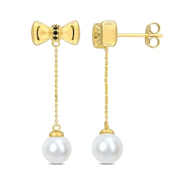 Eternally Bonded 7.0-7.5mm Cultured Freshwater Pearl and Blue Sapphire Bow Stud Chain Drop Earrings in 10K Gold