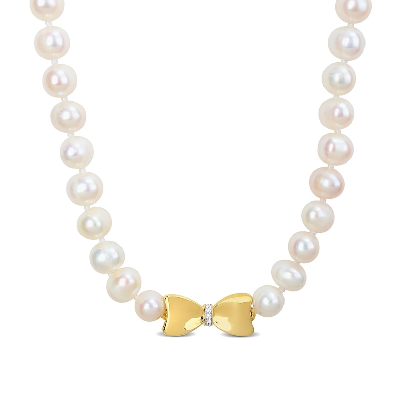Main Image 1 of Eternally Bonded 7.0-7.5mm Freshwater Cultured Pearl Strand and 0.05 CT. T.W. Diamond Bow Stretch Necklace with 10K Gold-17"