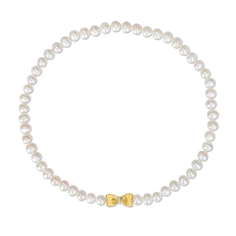 Main Image 2 of Eternally Bonded 7.0-7.5mm Freshwater Cultured Pearl Strand and 0.05 CT. T.W. Diamond Bow Stretch Necklace with 10K Gold-17"