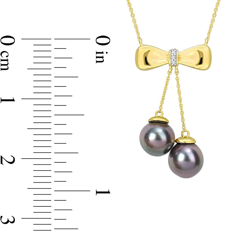 Main Image 2 of Eternally Bonded 8.5-9.0mm Black Tahitian Cultured Pearl and Diamond Accent Bow Necklace in 10K Gold