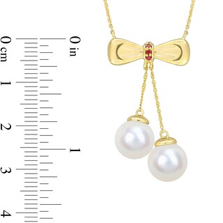 Eternally Bonded 8.5-9.0mm Freshwater Cultured Pearl and Ruby Bow Necklace in 10K Gold
