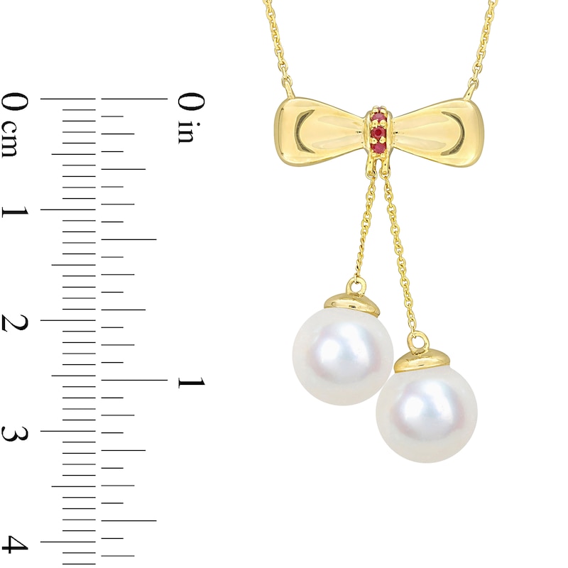 Main Image 2 of Eternally Bonded 8.5-9.0mm Freshwater Cultured Pearl and Ruby Bow Necklace in 10K Gold