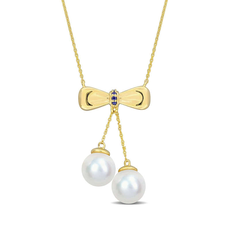 Eternally Bonded 8.5-9.0mm Cultured Freshwater Pearl and Blue Sapphire Bow Necklace in 10K Gold