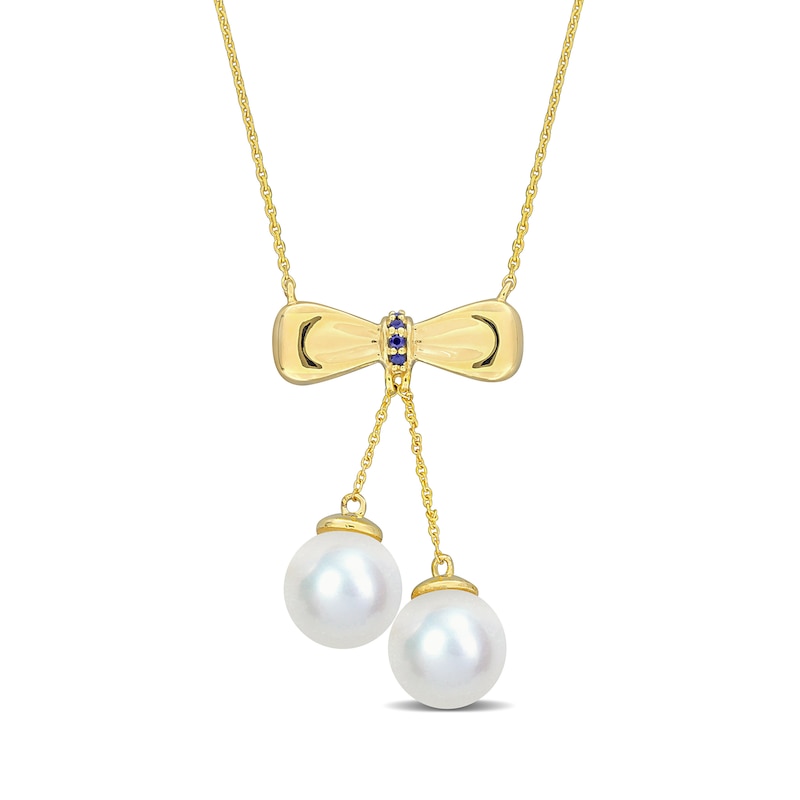 Main Image 1 of Eternally Bonded 8.5-9.0mm Freshwater Cultured Pearl and Blue Sapphire Bow Necklace in 10K Gold