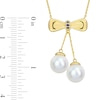 Thumbnail Image 1 of Eternally Bonded 8.5-9.0mm Cultured Freshwater Pearl and Blue Sapphire Bow Necklace in 10K Gold