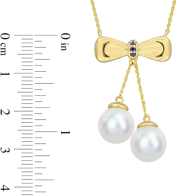 Main Image 2 of Eternally Bonded 8.5-9.0mm Freshwater Cultured Pearl and Blue Sapphire Bow Necklace in 10K Gold
