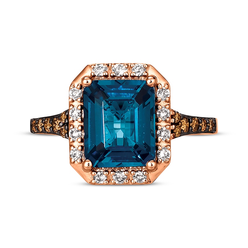 Main Image 4 of Le Vian® Emerald-Cut Deep Sea Blue Topaz™ and 0.30 CT. T.W. Diamond Octagon Frame Ring in 14K Strawberry Gold®