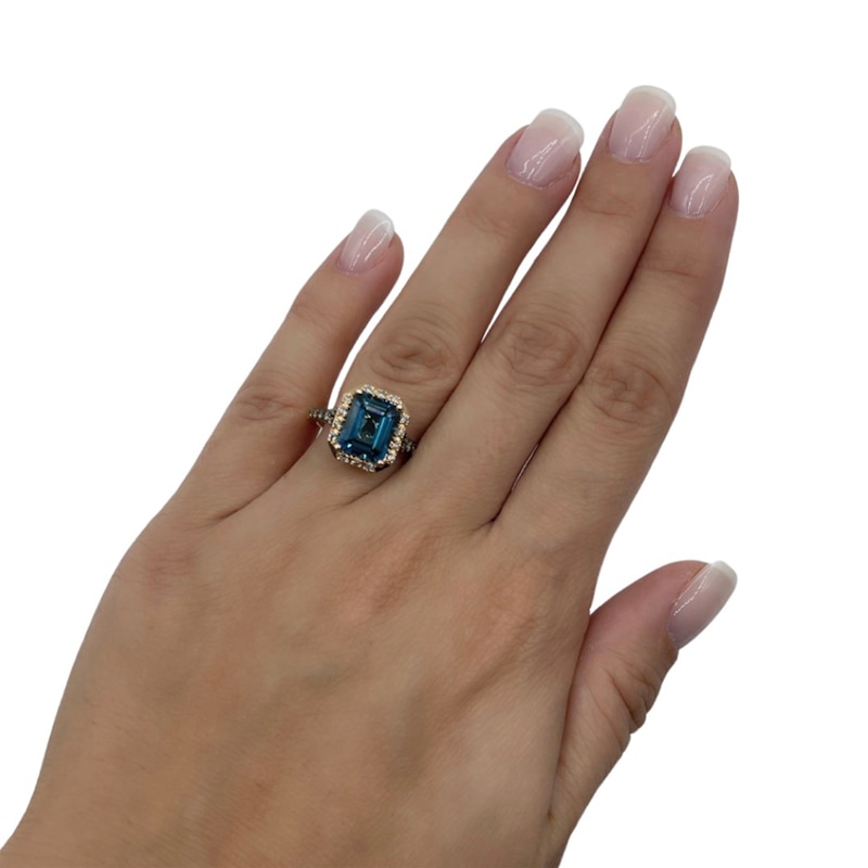 Le Vian® Emerald-Cut Deep Sea Blue Topaz™ and 0.30 CT. T.W. Diamond Octagon Frame Ring in 14K Strawberry Gold®