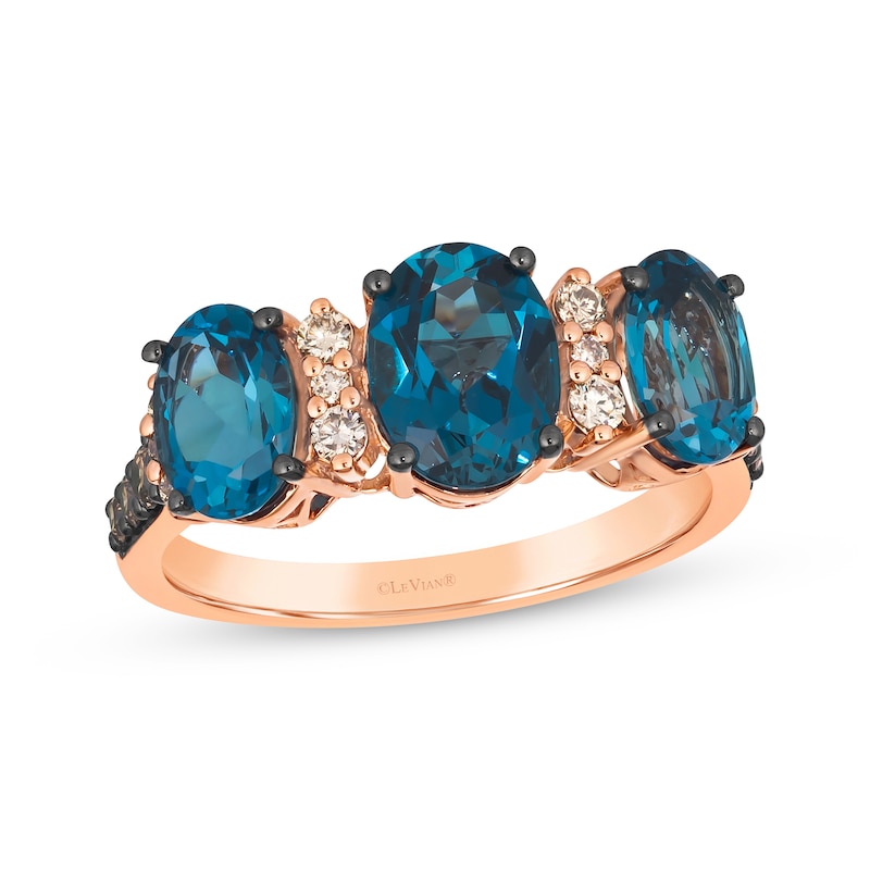 Main Image 1 of Le Vian® Oval Deep Sea Blue Topaz™ and 0.25 CT. T.W. Diamond Three Stone Ring in 14K Strawberry Gold®