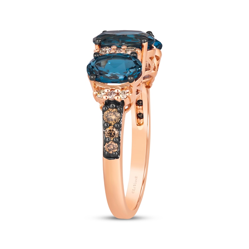 Main Image 2 of Le Vian® Oval Deep Sea Blue Topaz™ and 0.25 CT. T.W. Diamond Three Stone Ring in 14K Strawberry Gold®