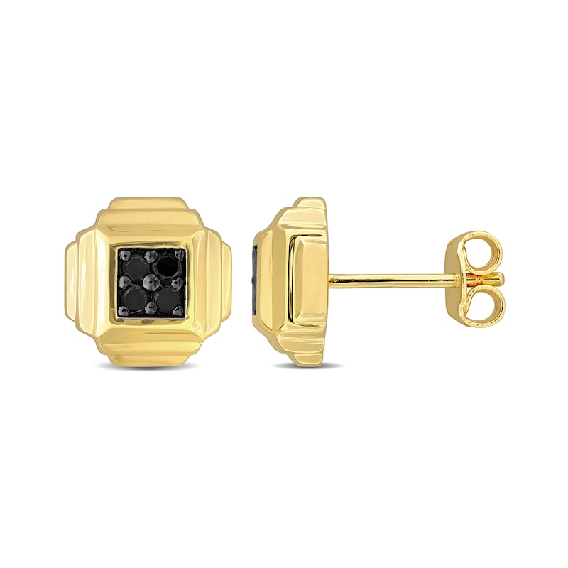 Main Image 1 of Eternally Bonded Men's 0.19 CT. T.W. Black Diamond Tiered Square Stud Earrings in Sterling Silver with Yellow Flash Plate