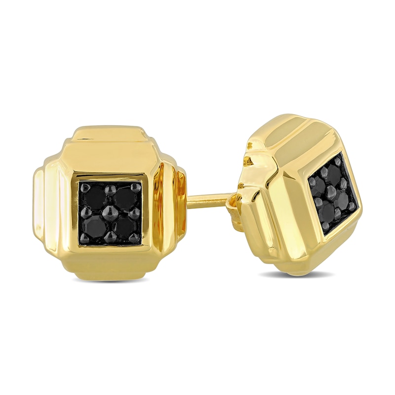Main Image 2 of Eternally Bonded Men's 0.19 CT. T.W. Black Diamond Tiered Square Stud Earrings in Sterling Silver with Yellow Flash Plate