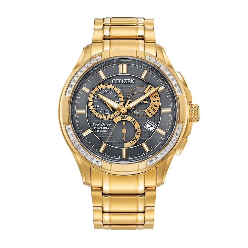 Men's Citizen Eco-Drive® PCAT Diamond Accent Gold-Tone Chronograph Watch with Grey Dial (Model: BL8172-59H)|Peoples Jewellers