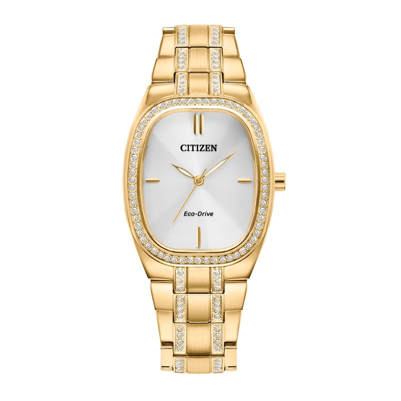 Ladies' Citizen Calibre E031 Crystal Accent Gold-Tone Watch with Silver-Tone Tonneau Dial (Model: EM1082-50A)