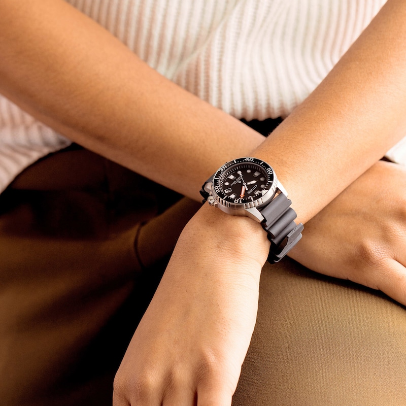 Ladies' Citizen Eco-Drive Promaster Dive Black Rubber Strap Watch with Black Dial (Model: EO2020-08E)