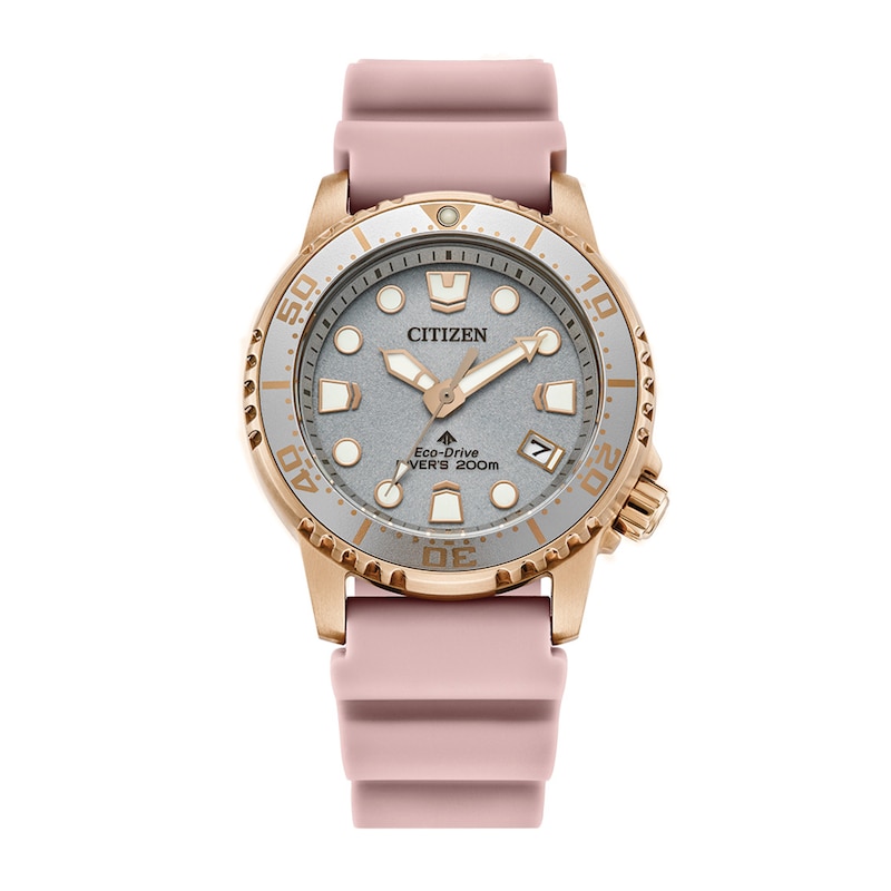 Ladies' Citizen Eco-Drive Promaster Dive Rose-Tone Pink Rubber Strap Watch with Silver-Tone Dial (Model: EO2023-00A)