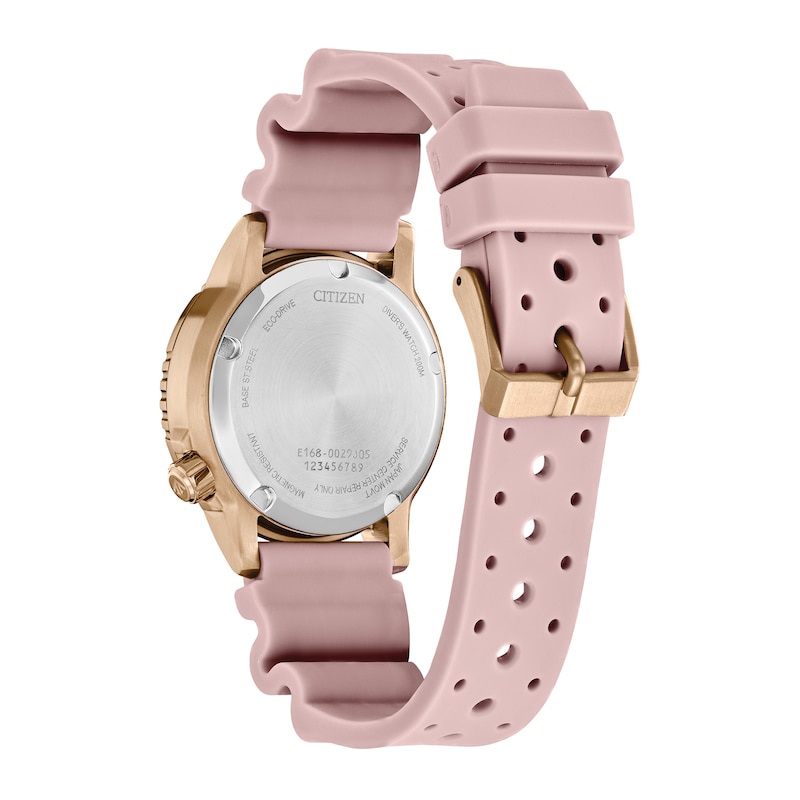 Ladies' Citizen Eco-Drive Promaster Dive Rose-Tone Pink Rubber Strap Watch with Silver-Tone Dial (Model: EO2023-00A)