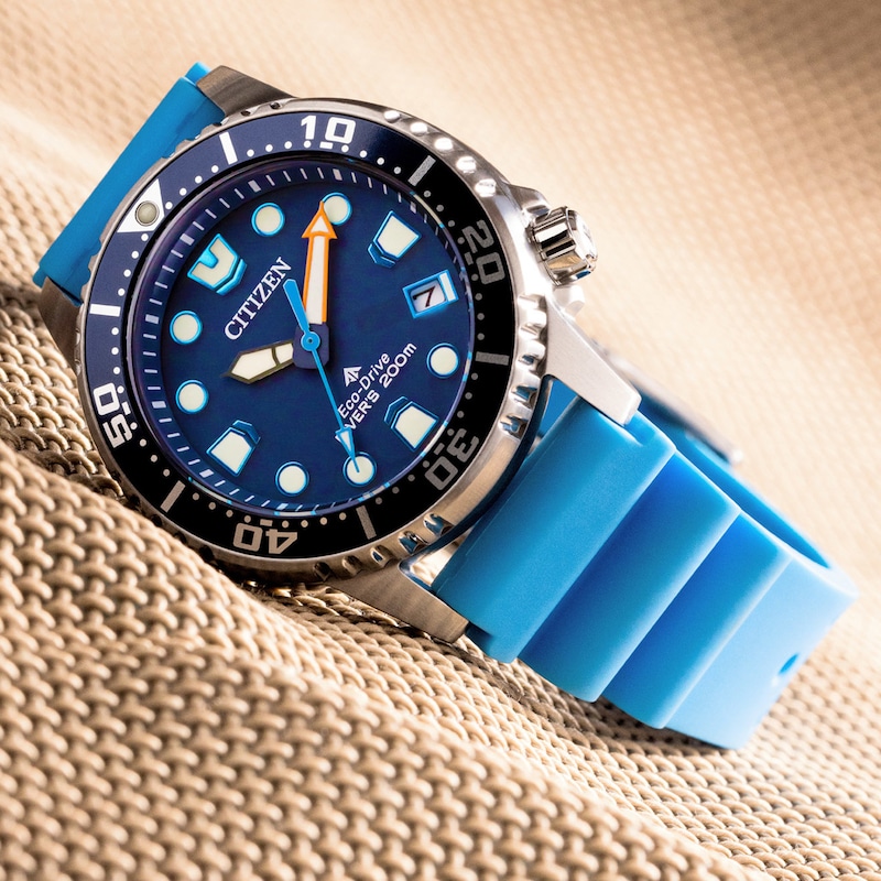 Ladies' Citizen Eco-Drive Promaster Dive Blue Rubber Strap Watch with Dark Blue Dial (Model: EO2028-06L)