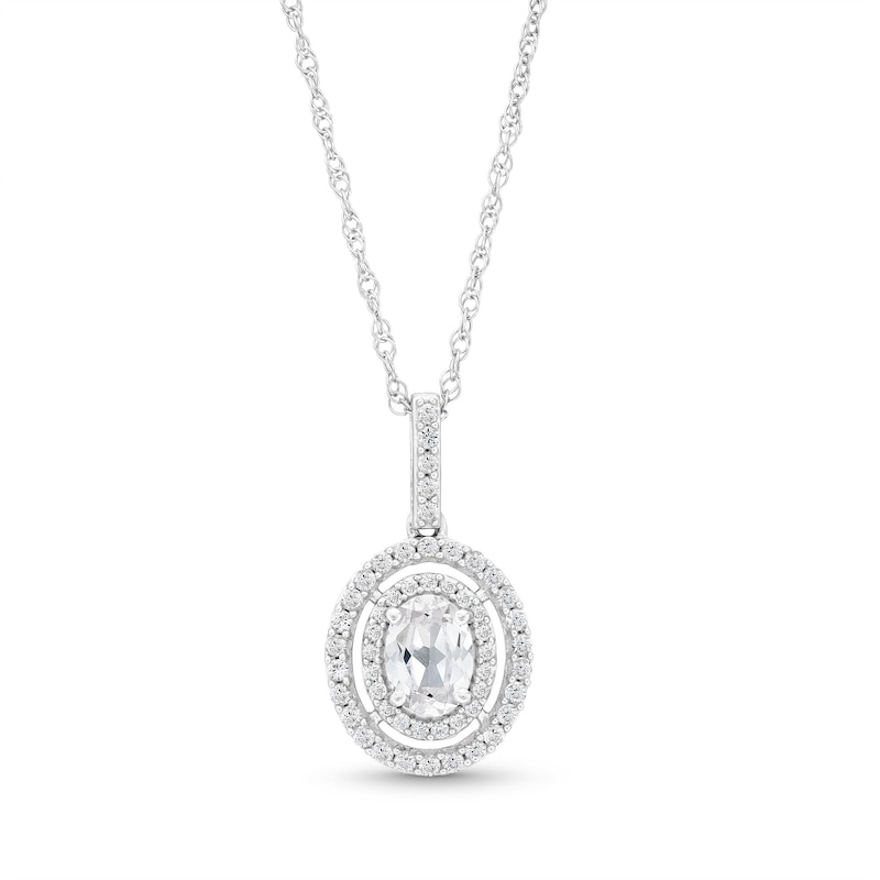 Oval White Lab-Created Sapphire Open Double Frame Pendant in Sterling Silver - 18”