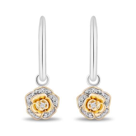 Enchanted Disney Belle 0.085 CT. T.W. Diamond Rose Drop Earrings in Sterling Silver and 10K Gold