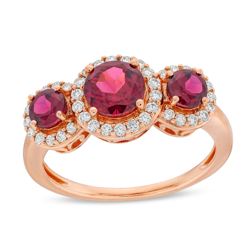 Rhodolite Garnet and 0.30 CT. T.W. Diamond Frame Three Stone Ring in 10K Rose Gold