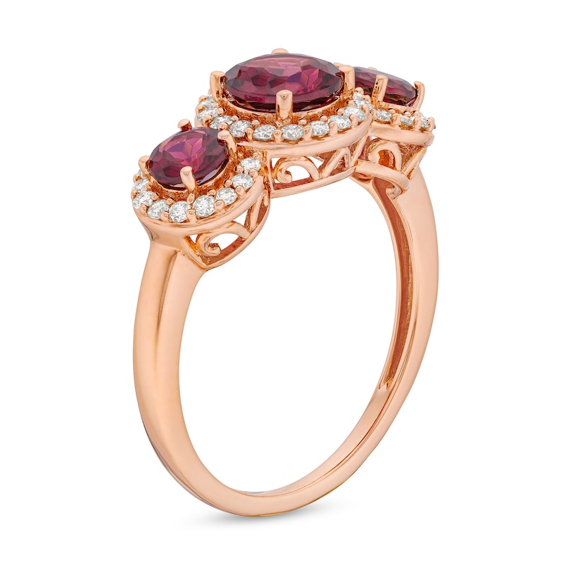 Main Image 3 of Rhodolite Garnet and 0.30 CT. T.W. Diamond Frame Three Stone Ring in 10K Rose Gold