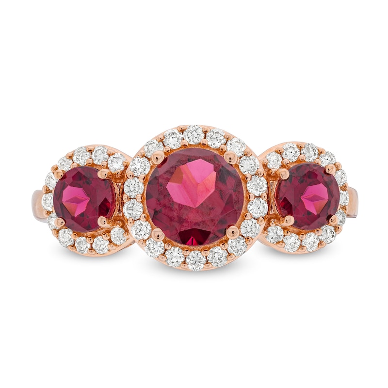 Main Image 4 of Rhodolite Garnet and 0.30 CT. T.W. Diamond Frame Three Stone Ring in 10K Rose Gold