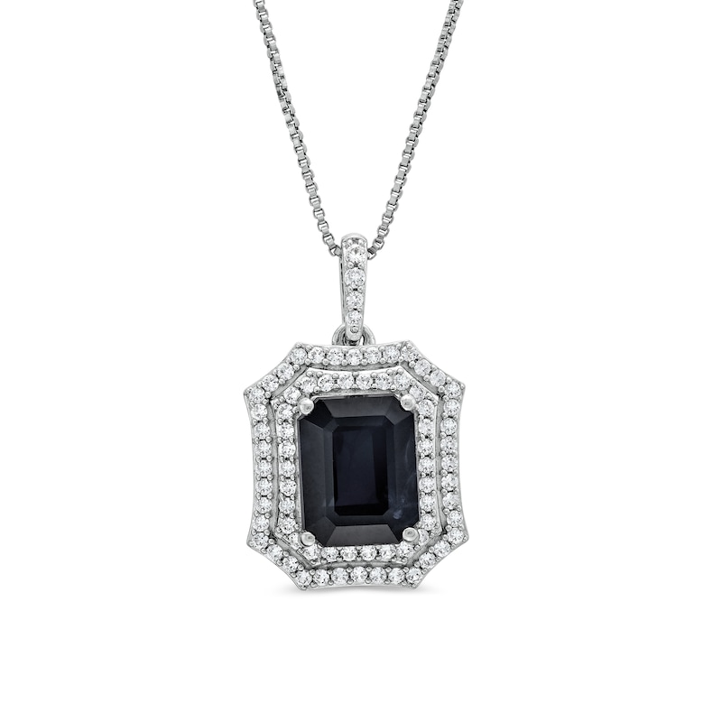 Emerald-Cut Black Lab-Created Sapphire and White Lab-Created Sapphire Ornate Frame Pendant in Sterling Silver