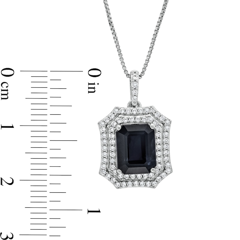 Main Image 3 of Emerald-Cut Black Lab-Created Sapphire and White Lab-Created Sapphire Ornate Frame Pendant in Sterling Silver