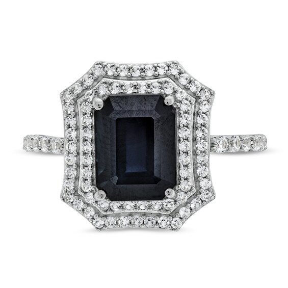 Emerald-Cut Black Lab-Created Sapphire and White Lab-Created Sapphire Ornate Frame Ring in Sterling Silver