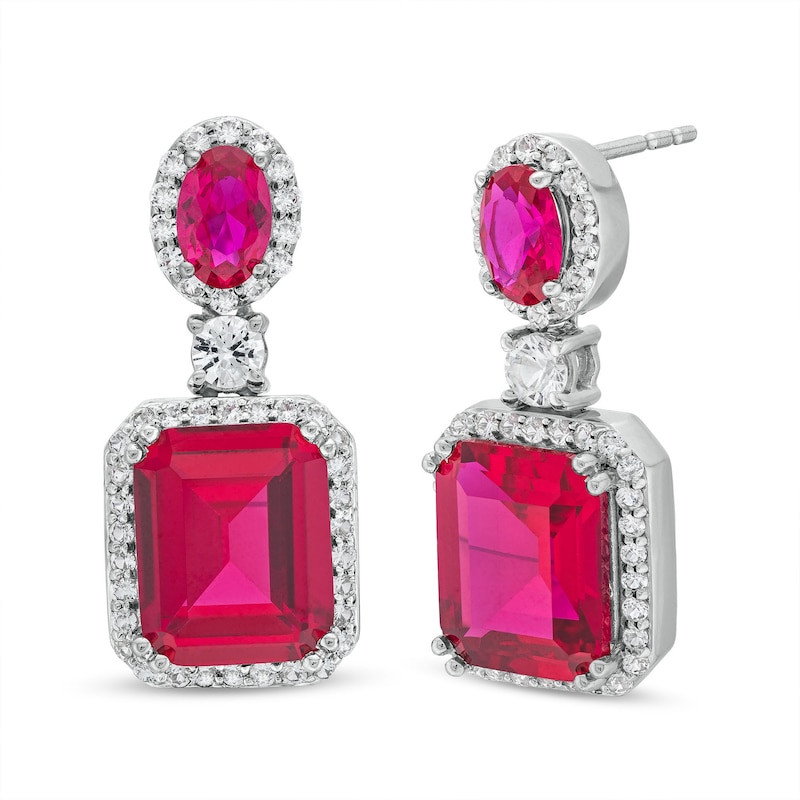 Emerald-Cut Lab-Created Ruby and White Lab-Created Sapphire Frame Dangle Drop Earrings in Sterling Silver