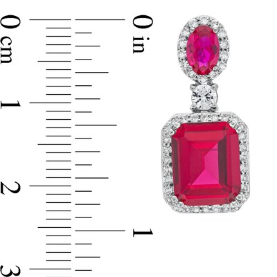 Emerald-Cut Lab-Created Ruby and White Lab-Created Sapphire Frame Dangle Drop Earrings in Sterling Silver