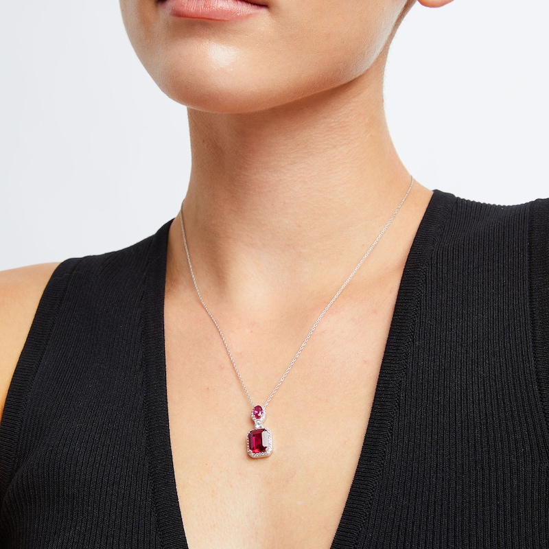 Main Image 2 of Emerald-Cut Lab-Created Ruby and White Lab-Created Sapphire Frame Dangle Drop Pendant in Sterling Silver