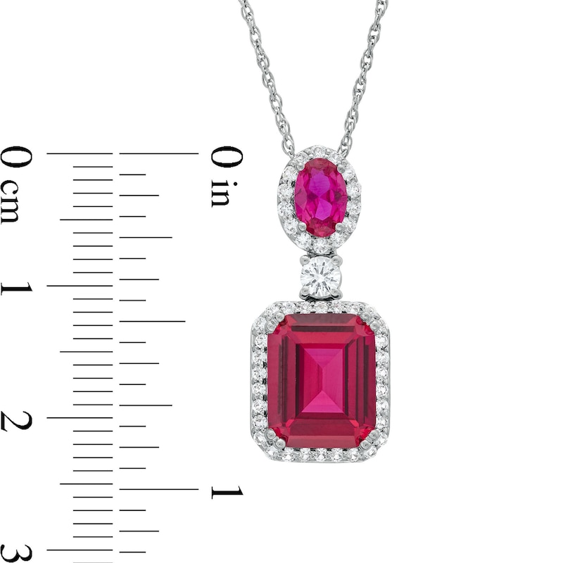 Main Image 3 of Emerald-Cut Lab-Created Ruby and White Lab-Created Sapphire Frame Dangle Drop Pendant in Sterling Silver