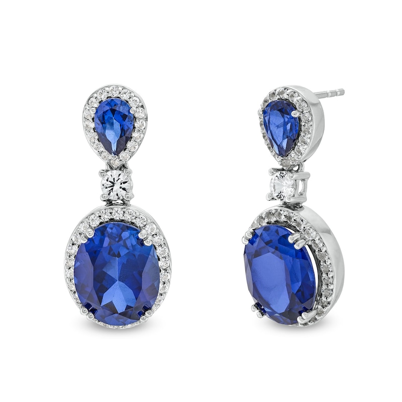 Oval Blue Lab-Created Sapphire and White Lab-Created Sapphire Frame Dangle Drop Earrings in Sterling Silver