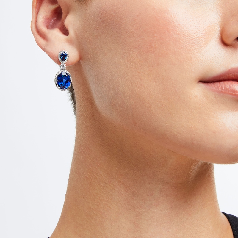 Main Image 2 of Oval Blue Lab-Created Sapphire and White Lab-Created Sapphire Frame Dangle Drop Earrings in Sterling Silver