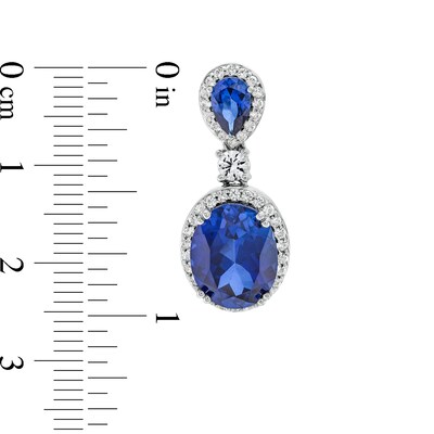Oval Blue Lab-Created Sapphire and White Lab-Created Sapphire Frame Dangle Drop Earrings in Sterling Silver