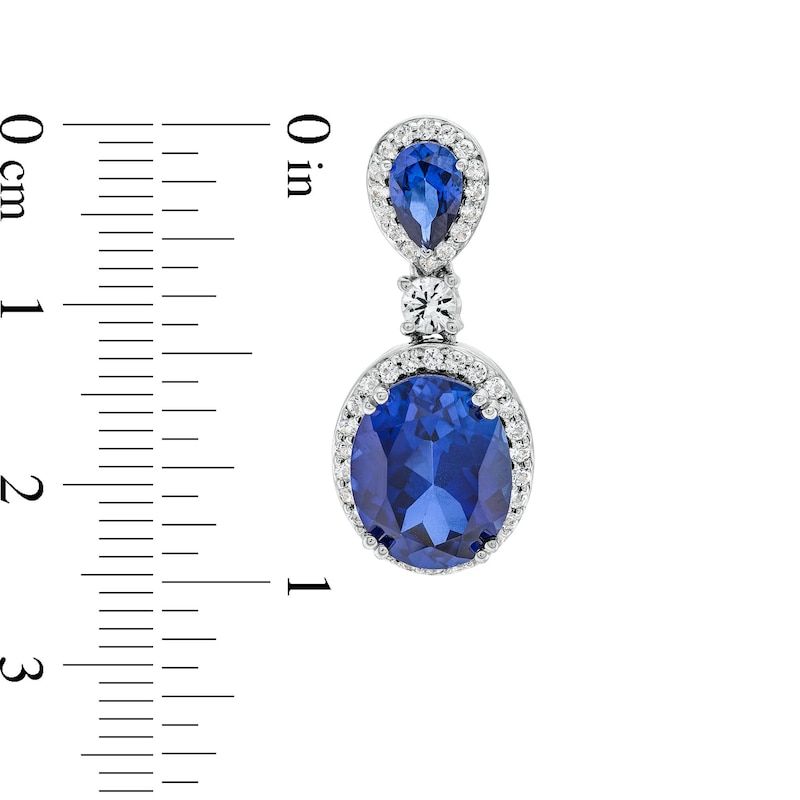 Main Image 3 of Oval Blue Lab-Created Sapphire and White Lab-Created Sapphire Frame Dangle Drop Earrings in Sterling Silver