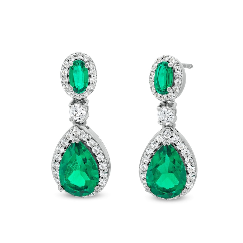 Pear-Shaped Lab-Created Emerald and White Lab-Created Sapphire Frame Dangle Drop Earrings in Sterling Silver