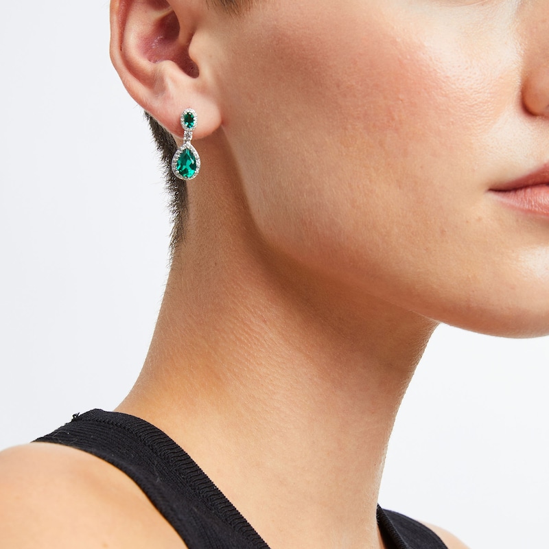 Main Image 2 of Pear-Shaped Lab-Created Emerald and White Lab-Created Sapphire Frame Dangle Drop Earrings in Sterling Silver