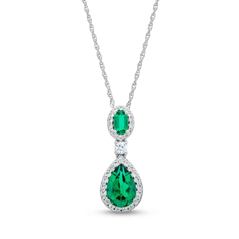Main Image 1 of Pear-Shaped Lab-Created Emerald and White Lab-Created Sapphire Frame Dangle Drop Pendant in Sterling Silver