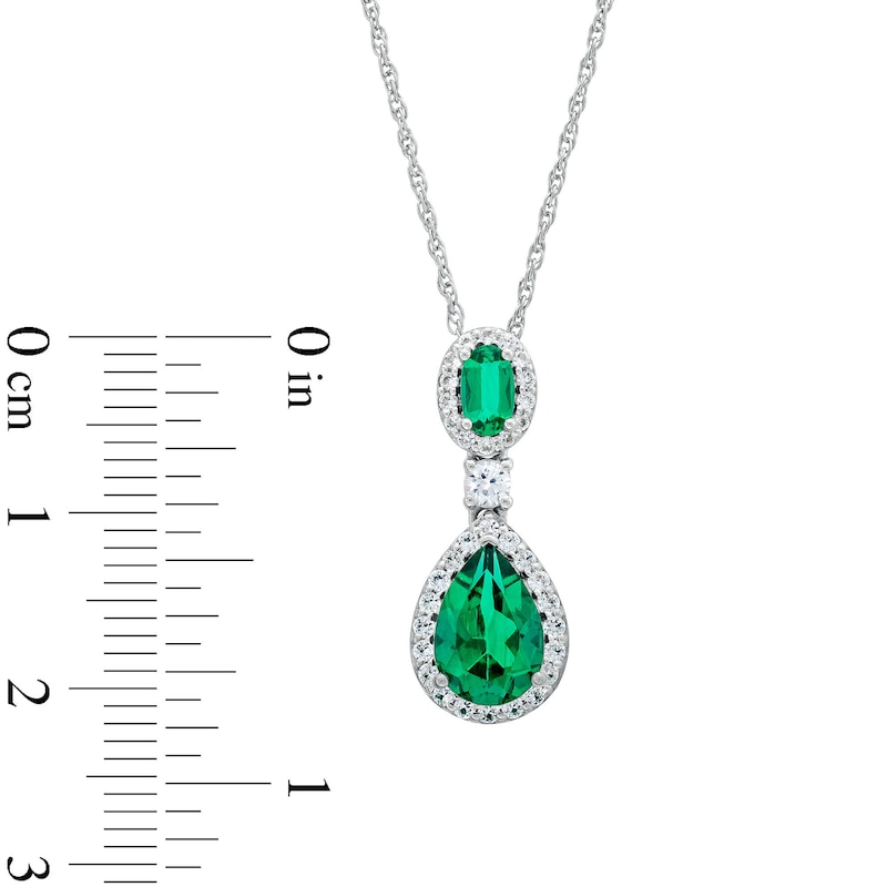 Main Image 3 of Pear-Shaped Lab-Created Emerald and White Lab-Created Sapphire Frame Dangle Drop Pendant in Sterling Silver