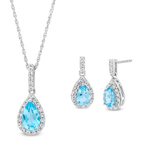 Pear-Shaped Swiss Blue Topaz and White Lab-Created Sapphire Frame Drop Pendant and Earrings Set in Sterling Silver