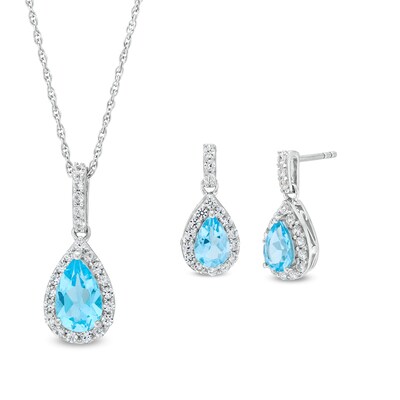 Pear-Shaped Swiss Blue Topaz and White Lab-Created Sapphire Frame Drop Pendant and Earrings Set in Sterling Silver