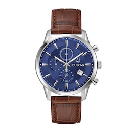 Men's Bulova Classic Sutton Brown Strap Chronograph Watch with Blue Dial (Model: 96B402)