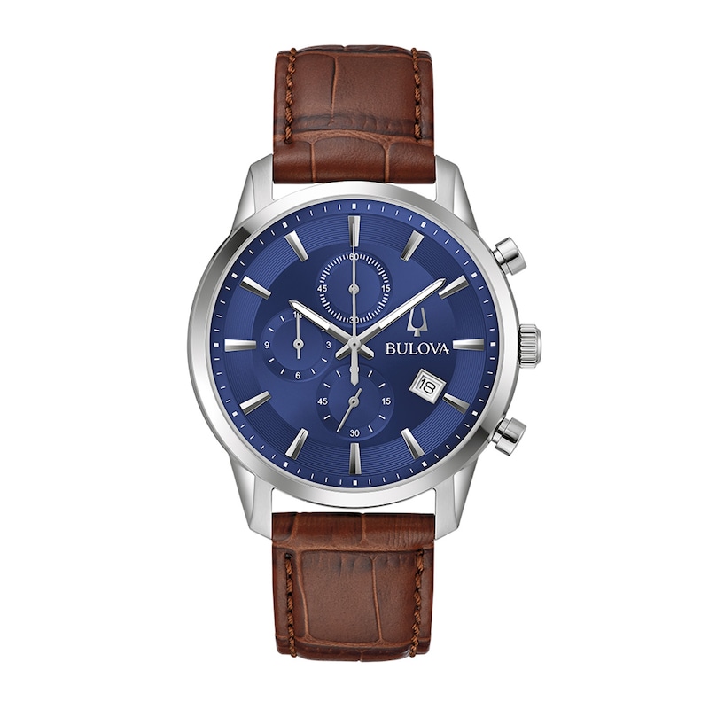 Main Image 1 of Men's Bulova Classic Sutton Brown Strap Chronograph Watch with Blue Dial (Model: 96B402)