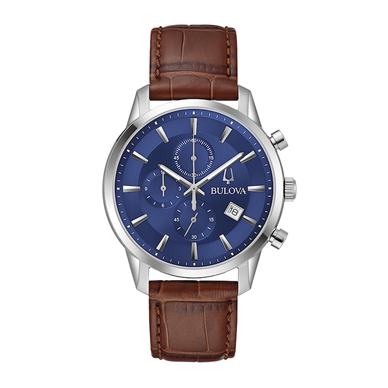 Men's Bulova Classic Sutton Brown Strap Chronograph Watch with Blue Dial (Model: 96B402)|Peoples Jewellers